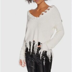 Cream Frayed V-Neck Women's Sweater